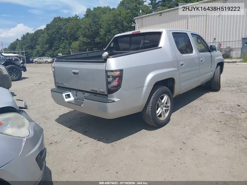 2008 Honda Ridgeline Rts VIN: 2HJYK16438H519222 Lot: 45575422