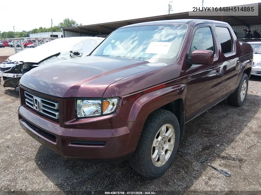2008 Honda Ridgeline Rts VIN: 2HJYK16448H514885 Lot: 45675759