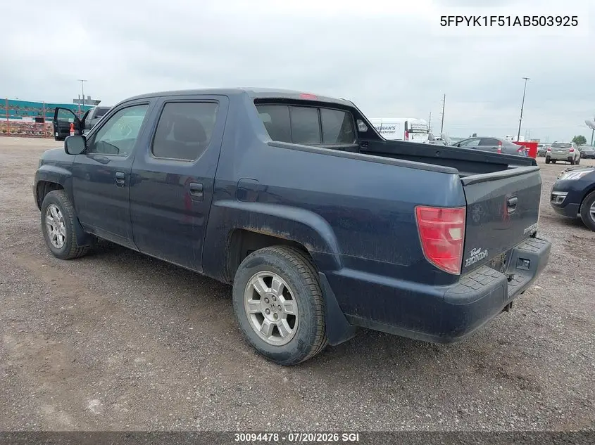 2010 Honda Ridgeline Rtl VIN: 5FPYK1F51AB503925 Lot: 30094478