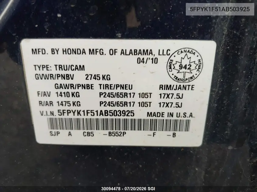 2010 Honda Ridgeline Rtl VIN: 5FPYK1F51AB503925 Lot: 30094478