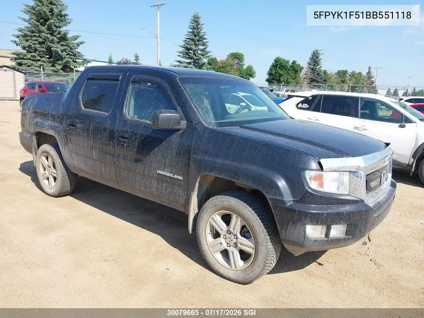 2011 Honda Ridgeline Rtl VIN: 5FPYK1F51BB551118 Lot: 30079665