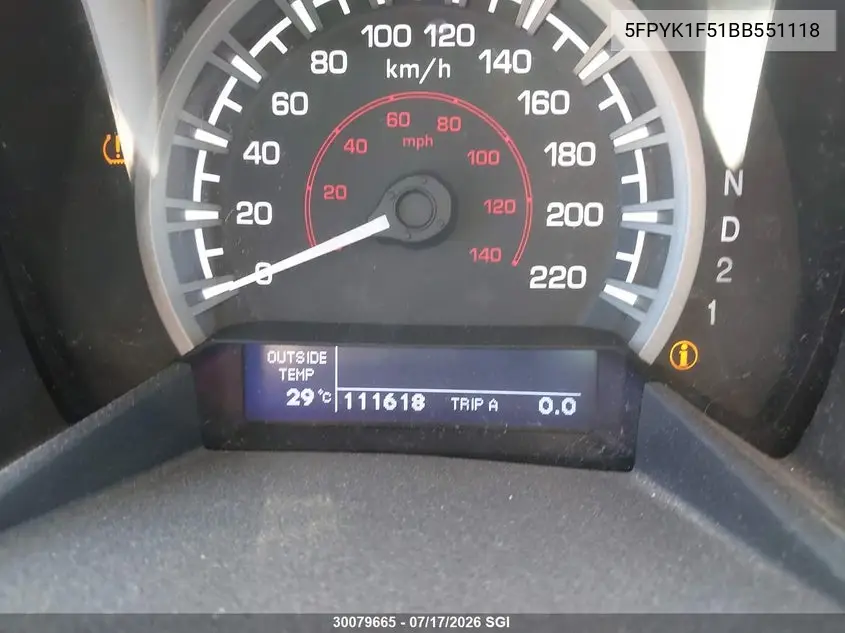 2011 Honda Ridgeline Rtl VIN: 5FPYK1F51BB551118 Lot: 30079665