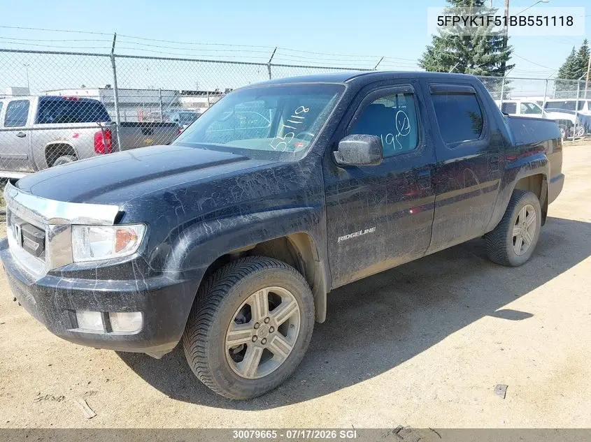 2011 Honda Ridgeline Rtl VIN: 5FPYK1F51BB551118 Lot: 30079665