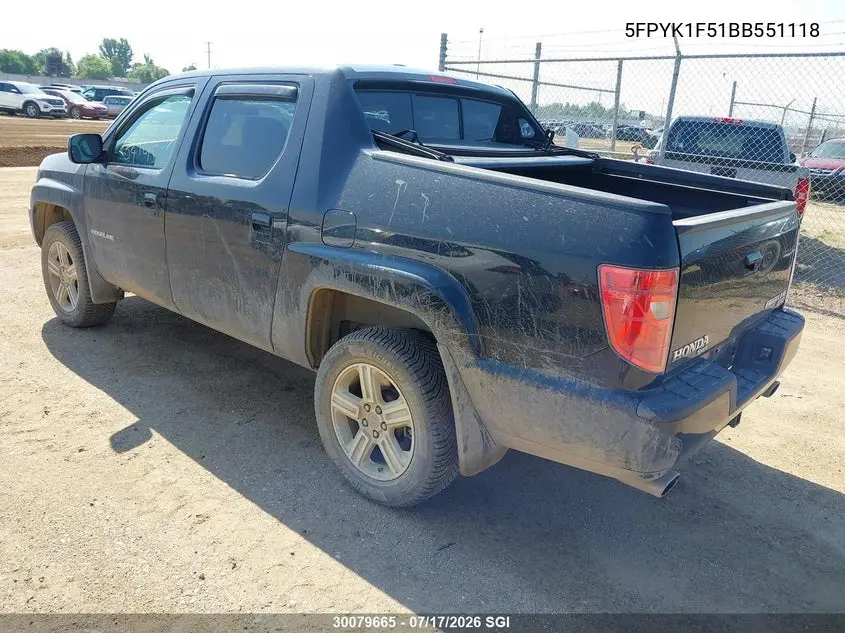 2011 Honda Ridgeline Rtl VIN: 5FPYK1F51BB551118 Lot: 30079665