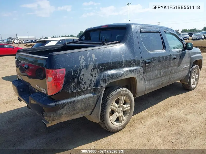 2011 Honda Ridgeline Rtl VIN: 5FPYK1F51BB551118 Lot: 30079665
