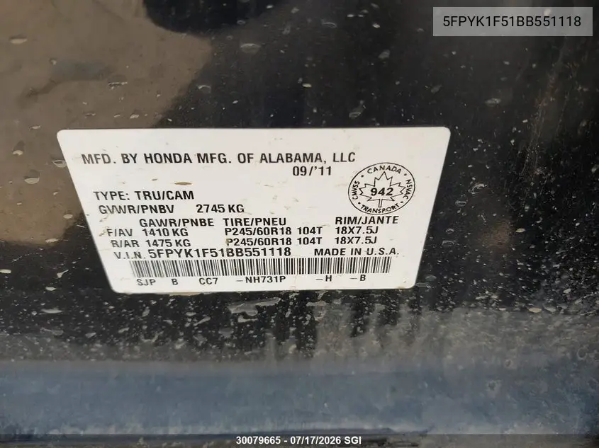 2011 Honda Ridgeline Rtl VIN: 5FPYK1F51BB551118 Lot: 30079665