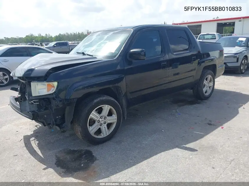 2011 Honda Ridgeline Rtl VIN: 5FPYK1F55BB010833 Lot: 45564094