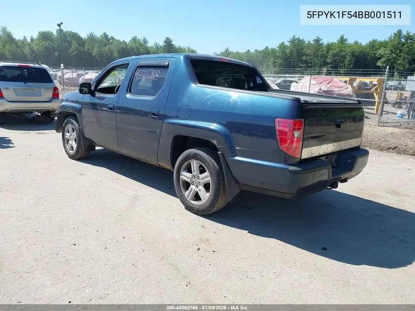 2011 Honda Ridgeline Rtl VIN: 5FPYK1F54BB001511 Lot: 45565768