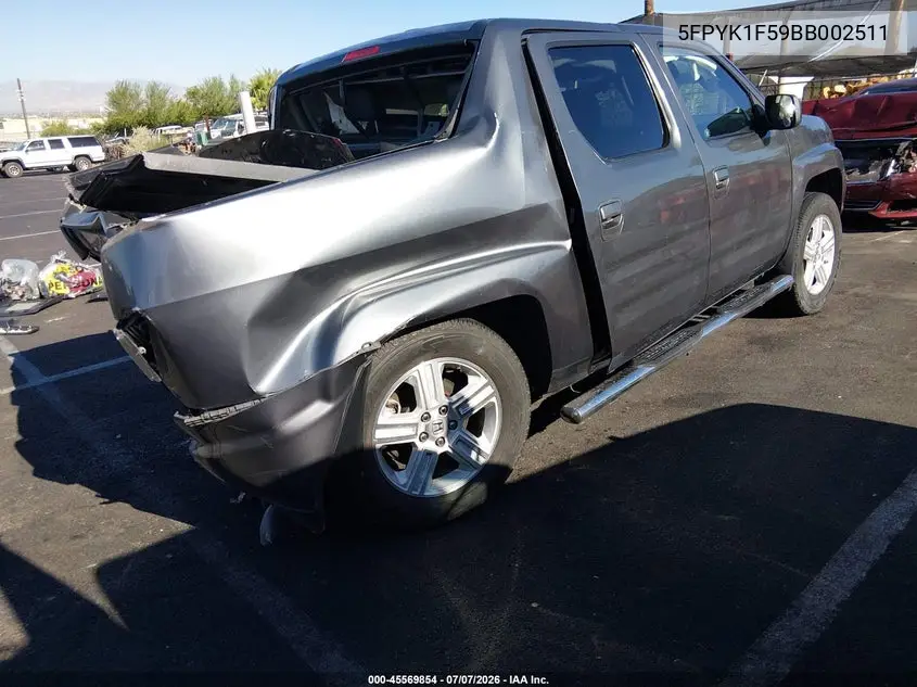 2011 Honda Ridgeline Rtl VIN: 5FPYK1F59BB002511 Lot: 45569854
