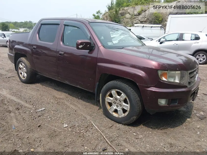 2011 Honda Ridgeline Rts VIN: 5FPYK1F49BB005626 Lot: 45602952