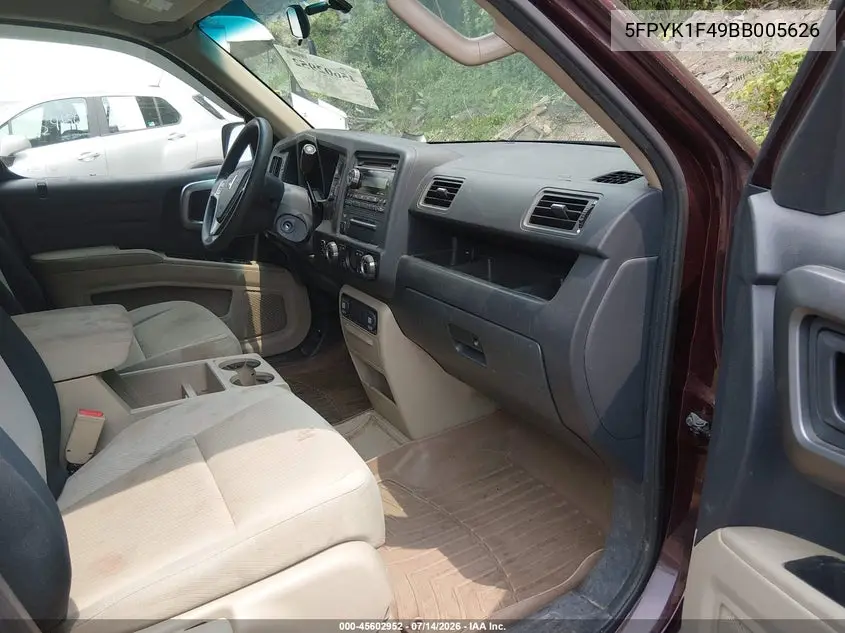 2011 Honda Ridgeline Rts VIN: 5FPYK1F49BB005626 Lot: 45602952