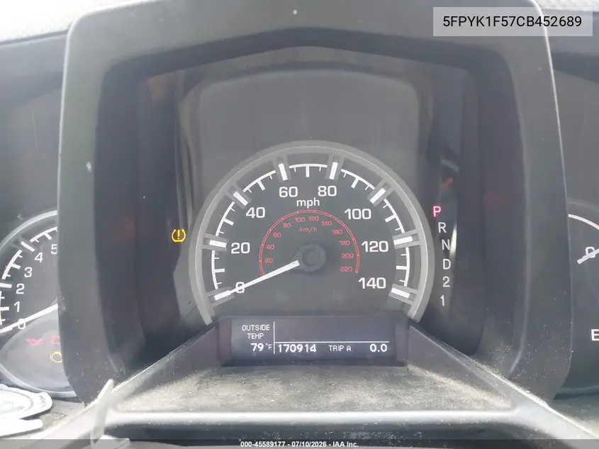 2012 Honda Ridgeline Rtl VIN: 5FPYK1F57CB452689 Lot: 45589177
