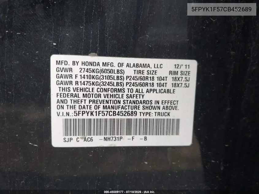 2012 Honda Ridgeline Rtl VIN: 5FPYK1F57CB452689 Lot: 45589177