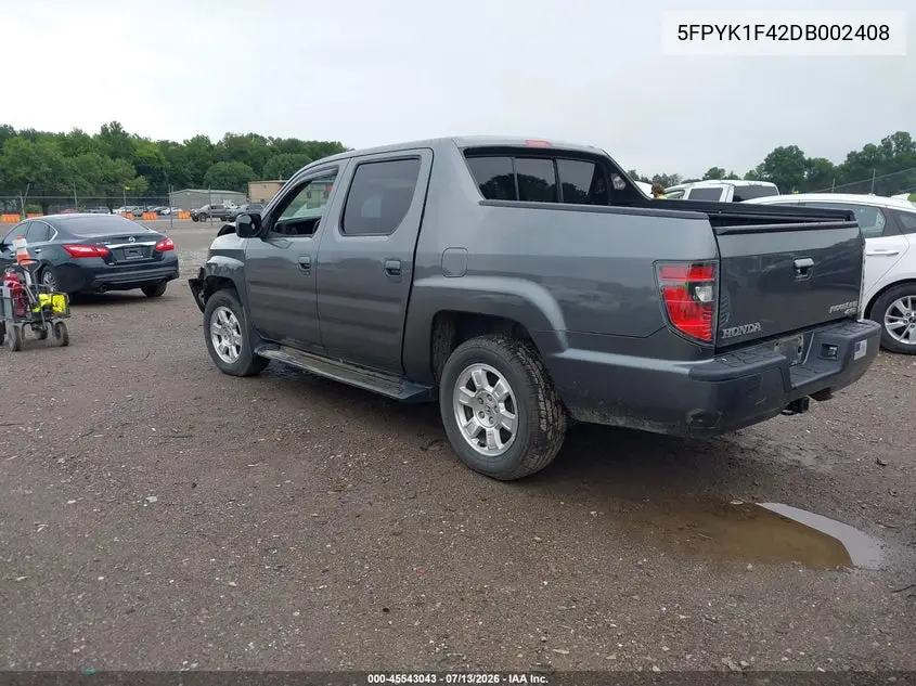 2013 Honda Ridgeline Rts VIN: 5FPYK1F42DB002408 Lot: 45543043