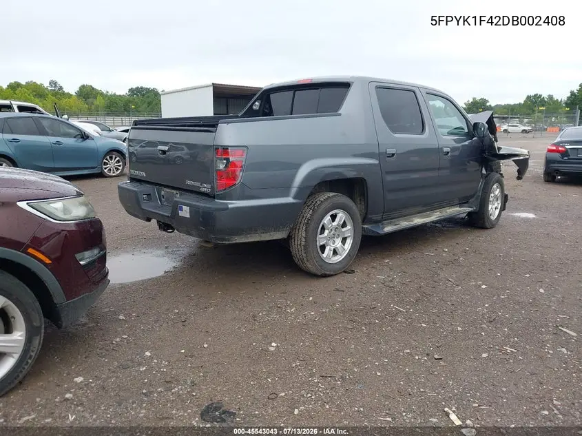 2013 Honda Ridgeline Rts VIN: 5FPYK1F42DB002408 Lot: 45543043