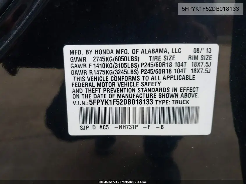 2013 Honda Ridgeline Rtl VIN: 5FPYK1F52DB018133 Lot: 45555774