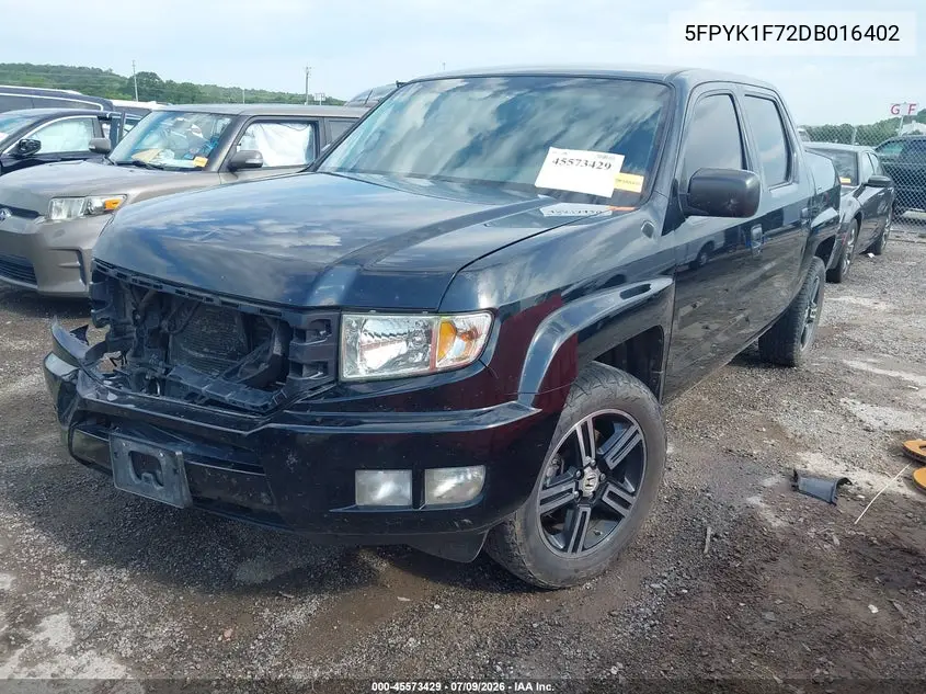 2013 Honda Ridgeline Sport VIN: 5FPYK1F72DB016402 Lot: 45573429