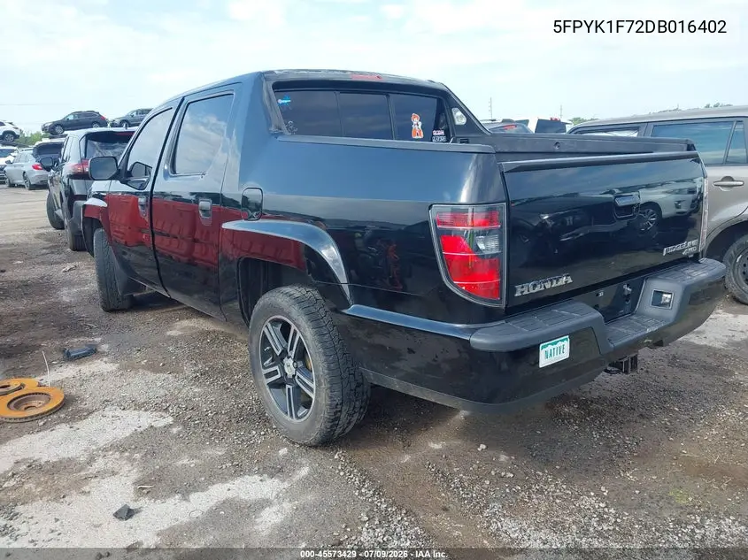 2013 Honda Ridgeline Sport VIN: 5FPYK1F72DB016402 Lot: 45573429