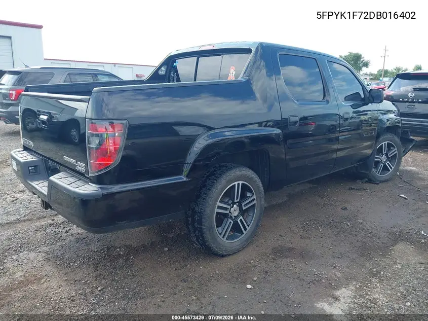 2013 Honda Ridgeline Sport VIN: 5FPYK1F72DB016402 Lot: 45573429