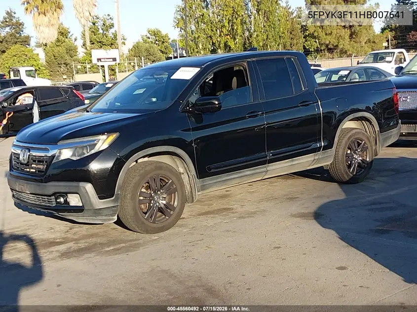 2017 Honda Ridgeline Sport VIN: 5FPYK3F11HB007641 Lot: 45560492
