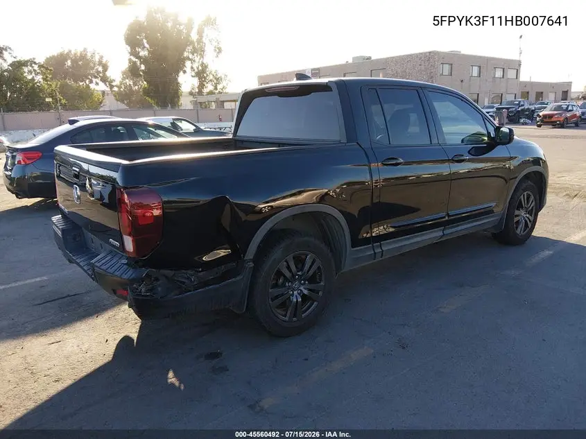 2017 Honda Ridgeline Sport VIN: 5FPYK3F11HB007641 Lot: 45560492