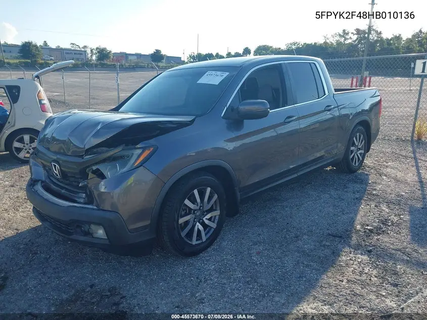 2017 Honda Ridgeline Rts VIN: 5FPYK2F48HB010136 Lot: 45573670