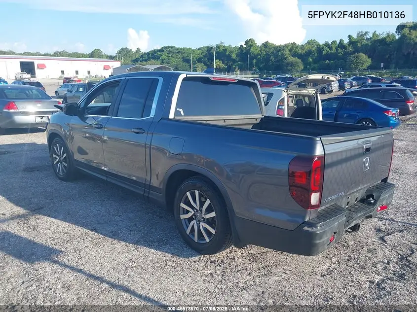 2017 Honda Ridgeline Rts VIN: 5FPYK2F48HB010136 Lot: 45573670