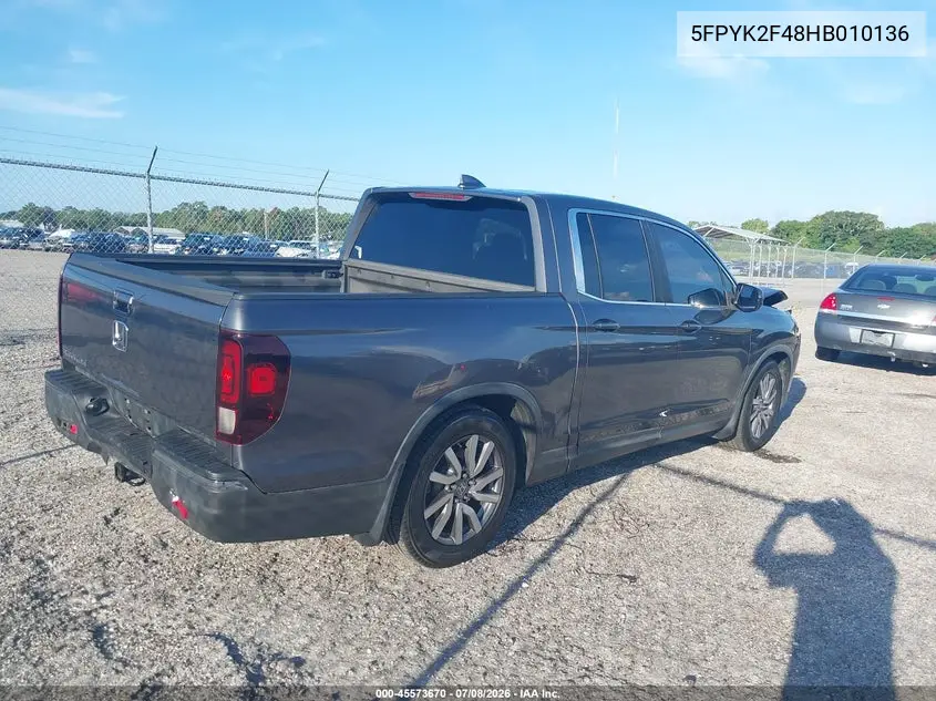 2017 Honda Ridgeline Rts VIN: 5FPYK2F48HB010136 Lot: 45573670