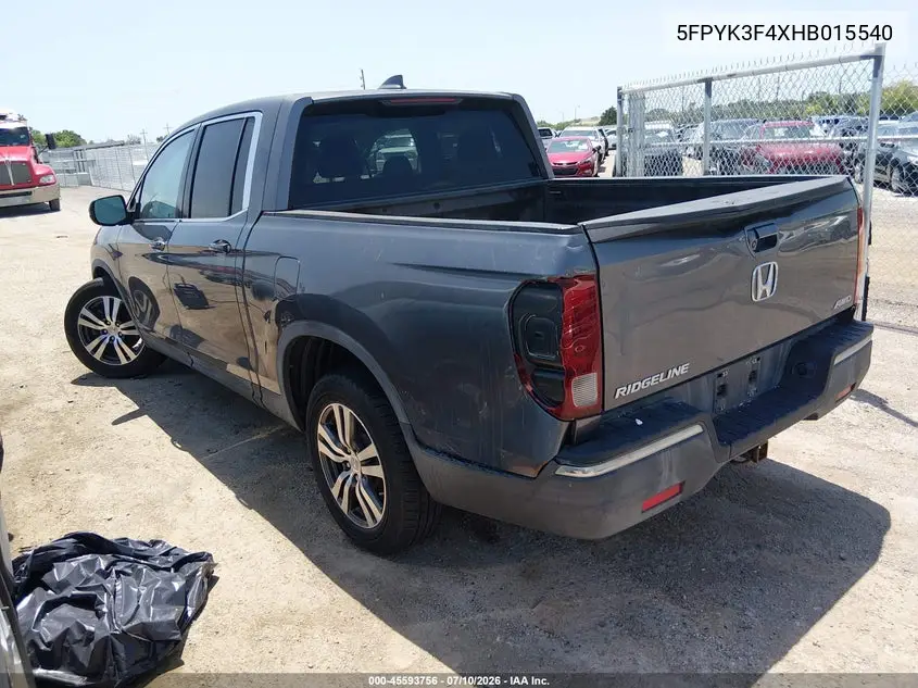 2017 Honda Ridgeline Rts VIN: 5FPYK3F4XHB015540 Lot: 45593756