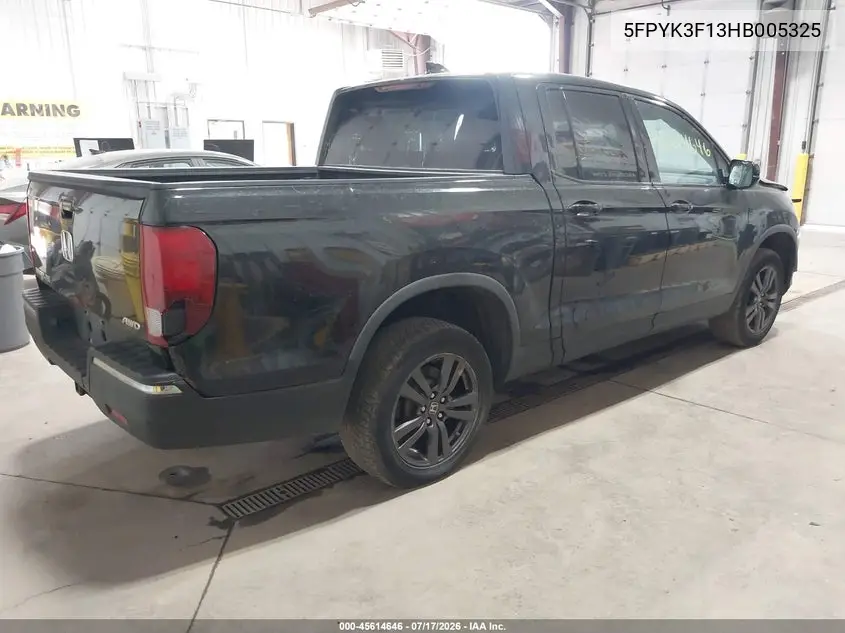 2017 Honda Ridgeline Sport VIN: 5FPYK3F13HB005325 Lot: 45614646