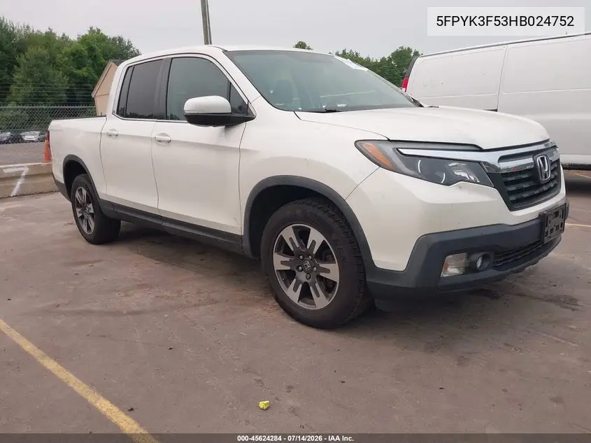 2017 Honda Ridgeline Rtl VIN: 5FPYK3F53HB024752 Lot: 45624284