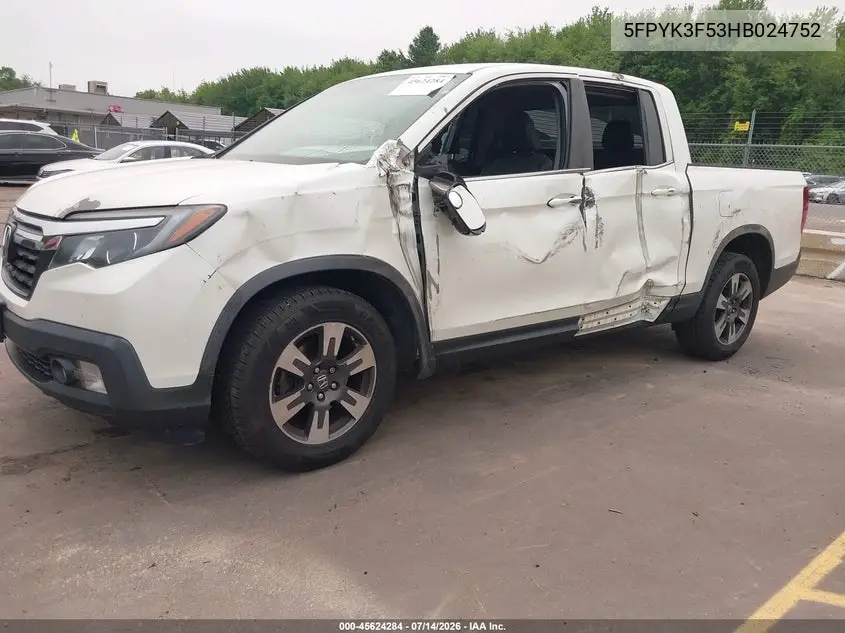 2017 Honda Ridgeline Rtl VIN: 5FPYK3F53HB024752 Lot: 45624284
