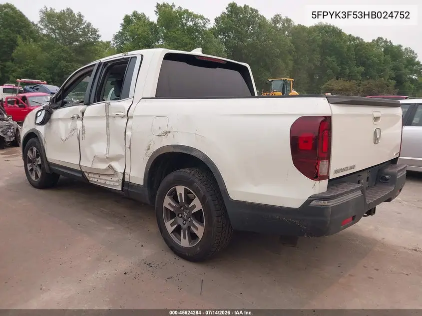 2017 Honda Ridgeline Rtl VIN: 5FPYK3F53HB024752 Lot: 45624284
