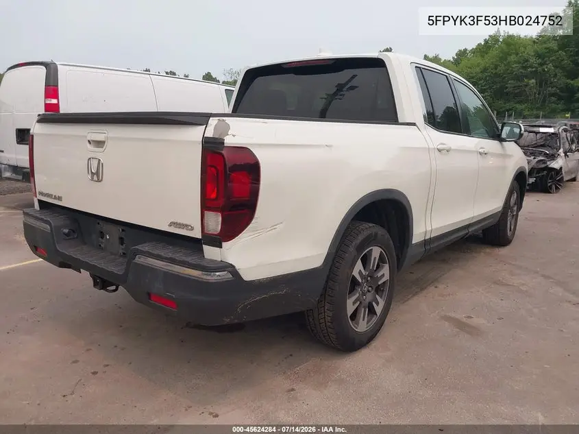 2017 Honda Ridgeline Rtl VIN: 5FPYK3F53HB024752 Lot: 45624284