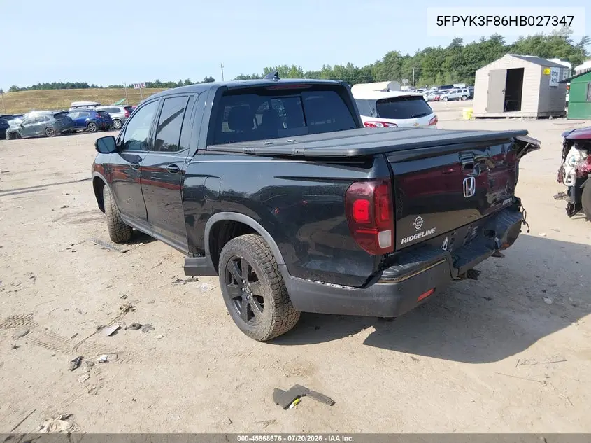 2017 Honda Ridgeline Black Edition VIN: 5FPYK3F86HB027347 Lot: 45668676