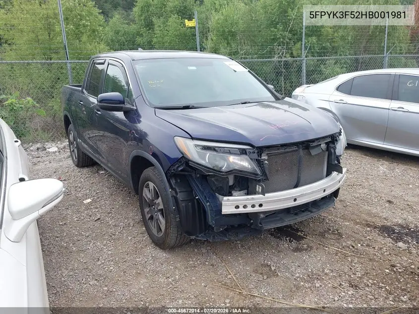 2017 Honda Ridgeline Rtl VIN: 5FPYK3F52HB001981 Lot: 45672014