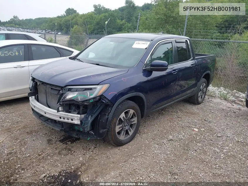 2017 Honda Ridgeline Rtl VIN: 5FPYK3F52HB001981 Lot: 45672014