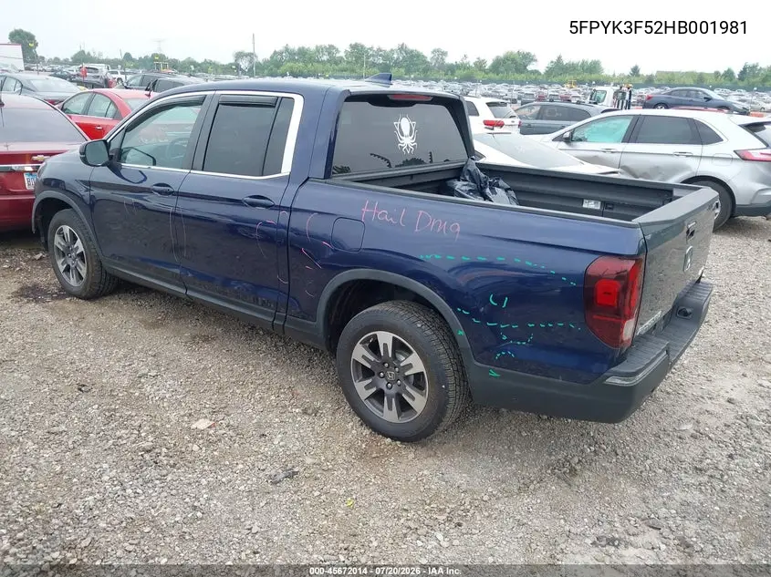2017 Honda Ridgeline Rtl VIN: 5FPYK3F52HB001981 Lot: 45672014