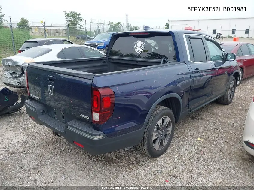 2017 Honda Ridgeline Rtl VIN: 5FPYK3F52HB001981 Lot: 45672014