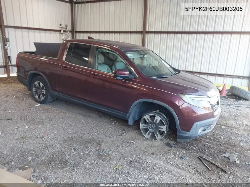 2018 Honda Ridgeline Rtl-T VIN: 5FPYK2F60JB003205 Lot: 45552851