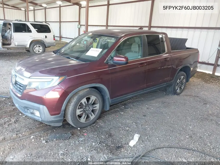 2018 Honda Ridgeline Rtl-T VIN: 5FPYK2F60JB003205 Lot: 45552851