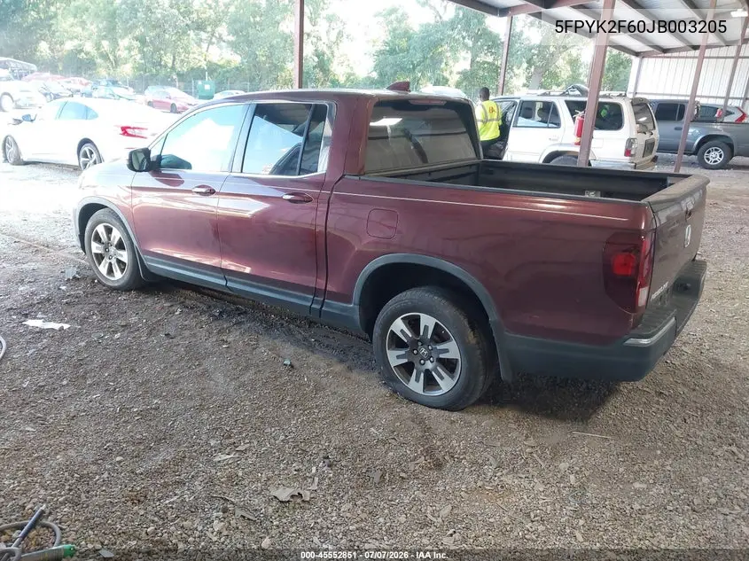 2018 Honda Ridgeline Rtl-T VIN: 5FPYK2F60JB003205 Lot: 45552851