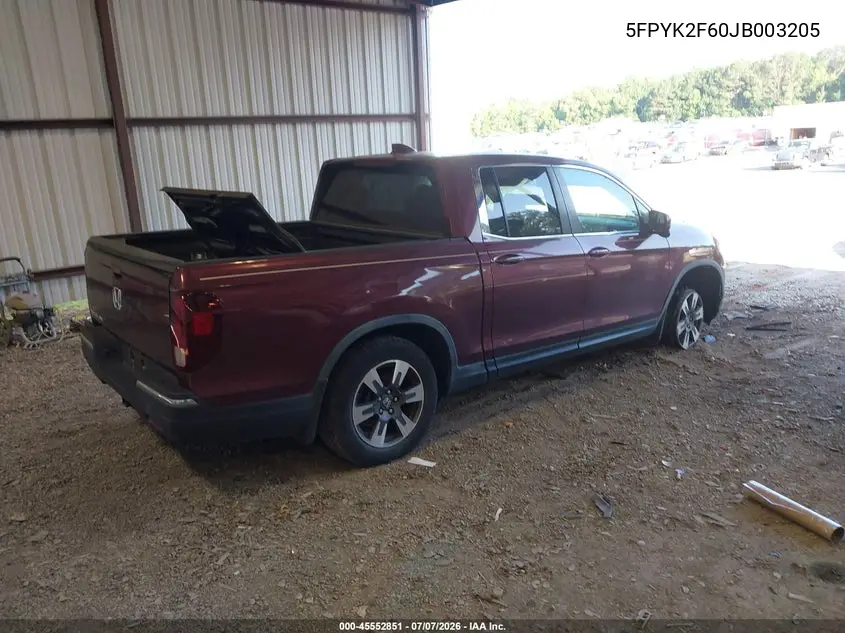 2018 Honda Ridgeline Rtl-T VIN: 5FPYK2F60JB003205 Lot: 45552851