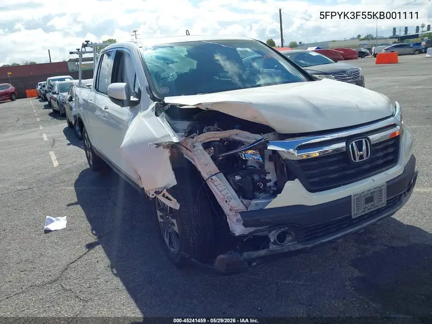 2019 Honda Ridgeline Rtl VIN: 5FPYK3F55KB001111 Lot: 45241459