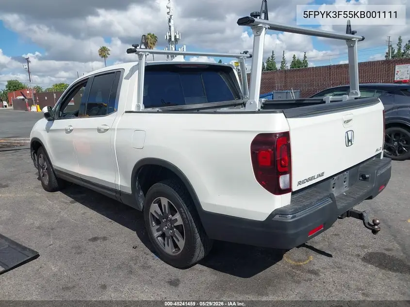 2019 Honda Ridgeline Rtl VIN: 5FPYK3F55KB001111 Lot: 45241459
