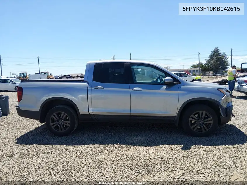 2019 Honda Ridgeline Sport VIN: 5FPYK3F10KB042615 Lot: 45460793