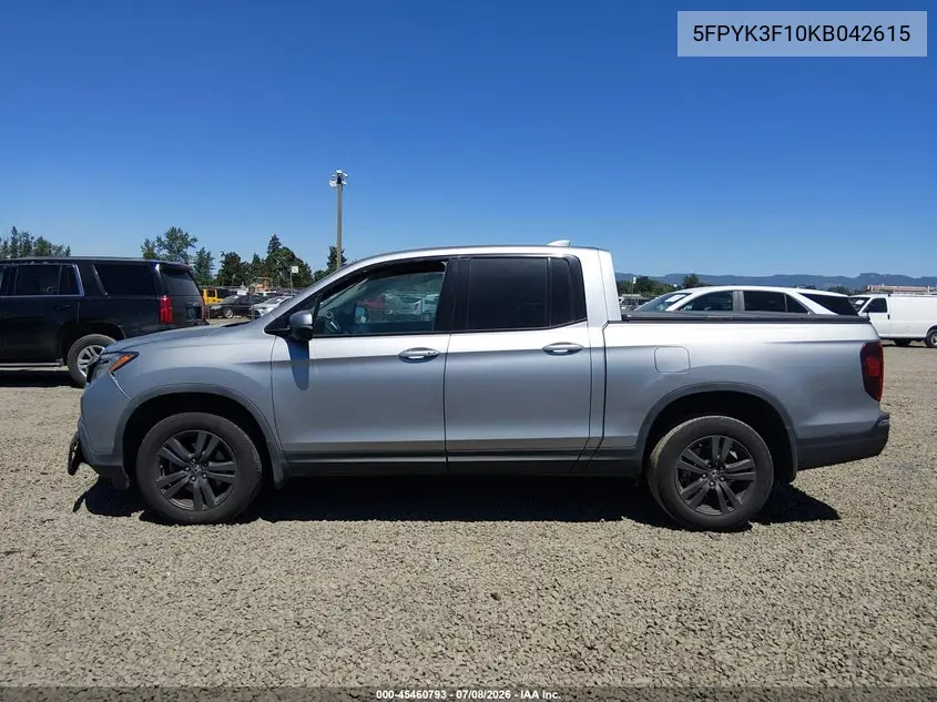 2019 Honda Ridgeline Sport VIN: 5FPYK3F10KB042615 Lot: 45460793