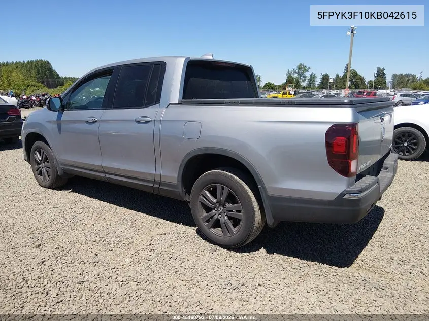 2019 Honda Ridgeline Sport VIN: 5FPYK3F10KB042615 Lot: 45460793