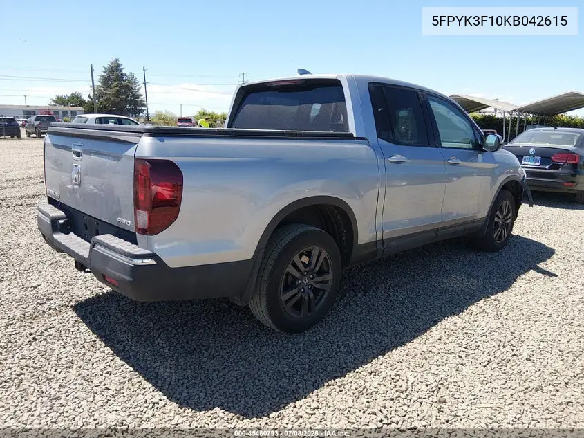 2019 Honda Ridgeline Sport VIN: 5FPYK3F10KB042615 Lot: 45460793