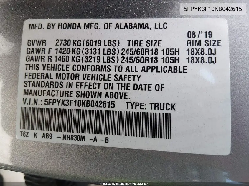 2019 Honda Ridgeline Sport VIN: 5FPYK3F10KB042615 Lot: 45460793